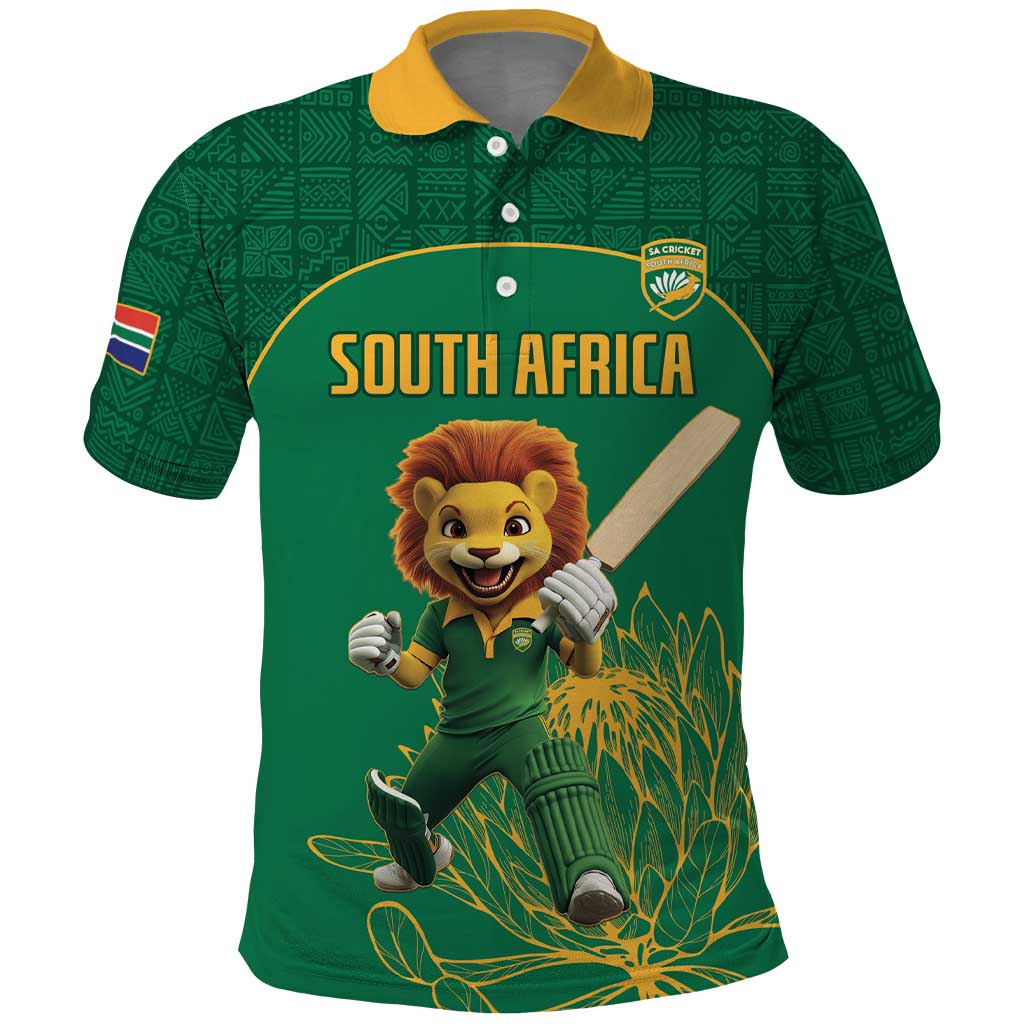 Custom South Africa Polo Shirt Lion Mascot Proteas Cricket