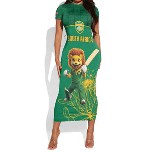 Custom South Africa Short Sleeve Bodycon Dress Lion Mascot Proteas Cricket