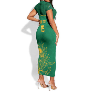 Custom South Africa Short Sleeve Bodycon Dress Lion Mascot Proteas Cricket