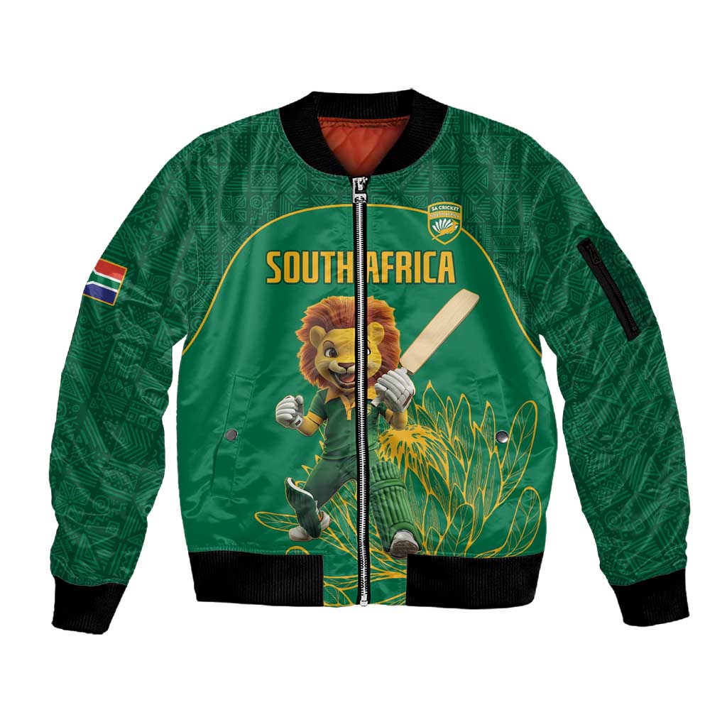 Custom South Africa Sleeve Zip Bomber Jacket Lion Mascot Proteas Cricket