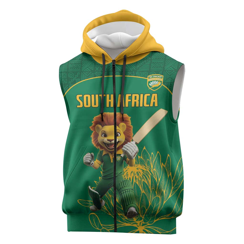 Custom South Africa Sleeveless Zip Hoodie Lion Mascot Proteas Cricket - African Pride