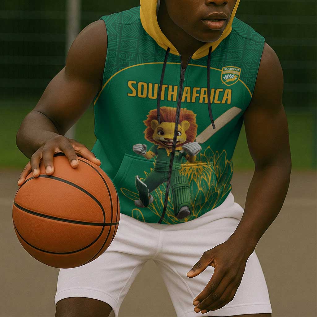 Custom South Africa Sleeveless Zip Hoodie Lion Mascot Proteas Cricket - African Pride