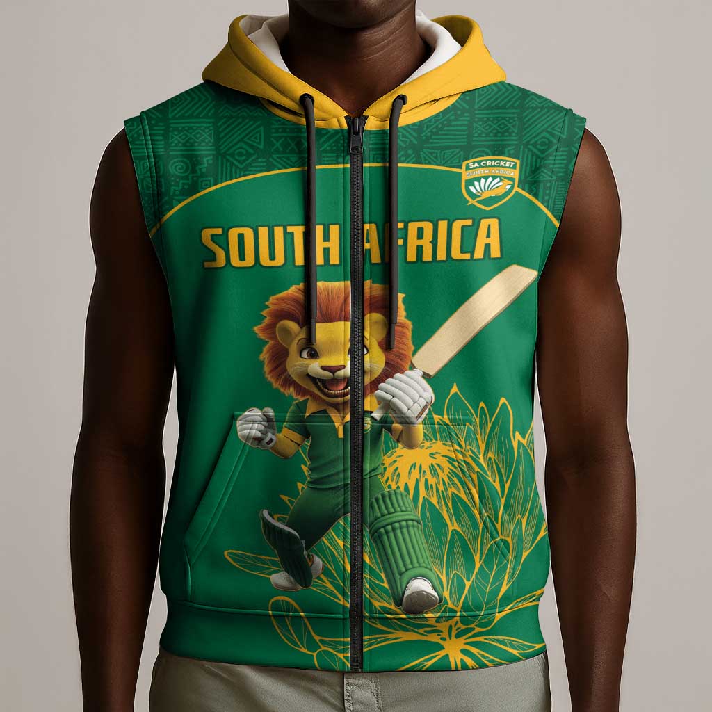 Custom South Africa Sleeveless Zip Hoodie Lion Mascot Proteas Cricket - African Pride