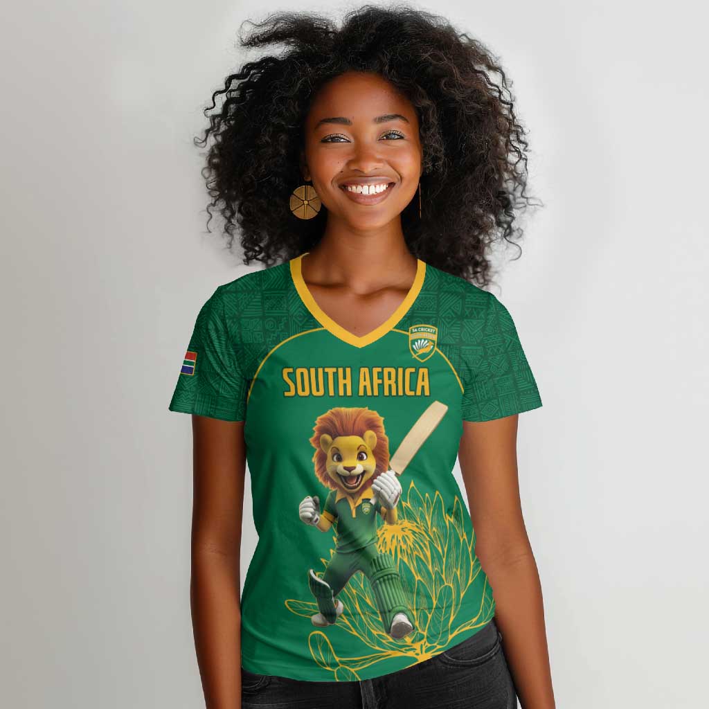 Custom South Africa Women V-Neck T-Shirt Lion Mascot Proteas Cricket