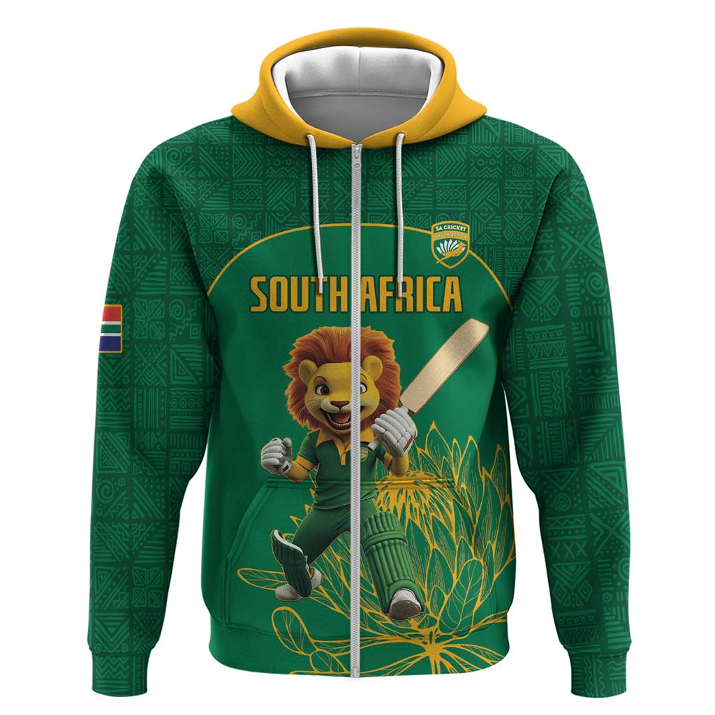 Custom South Africa Zip Hoodie Lion Mascot Proteas Cricket