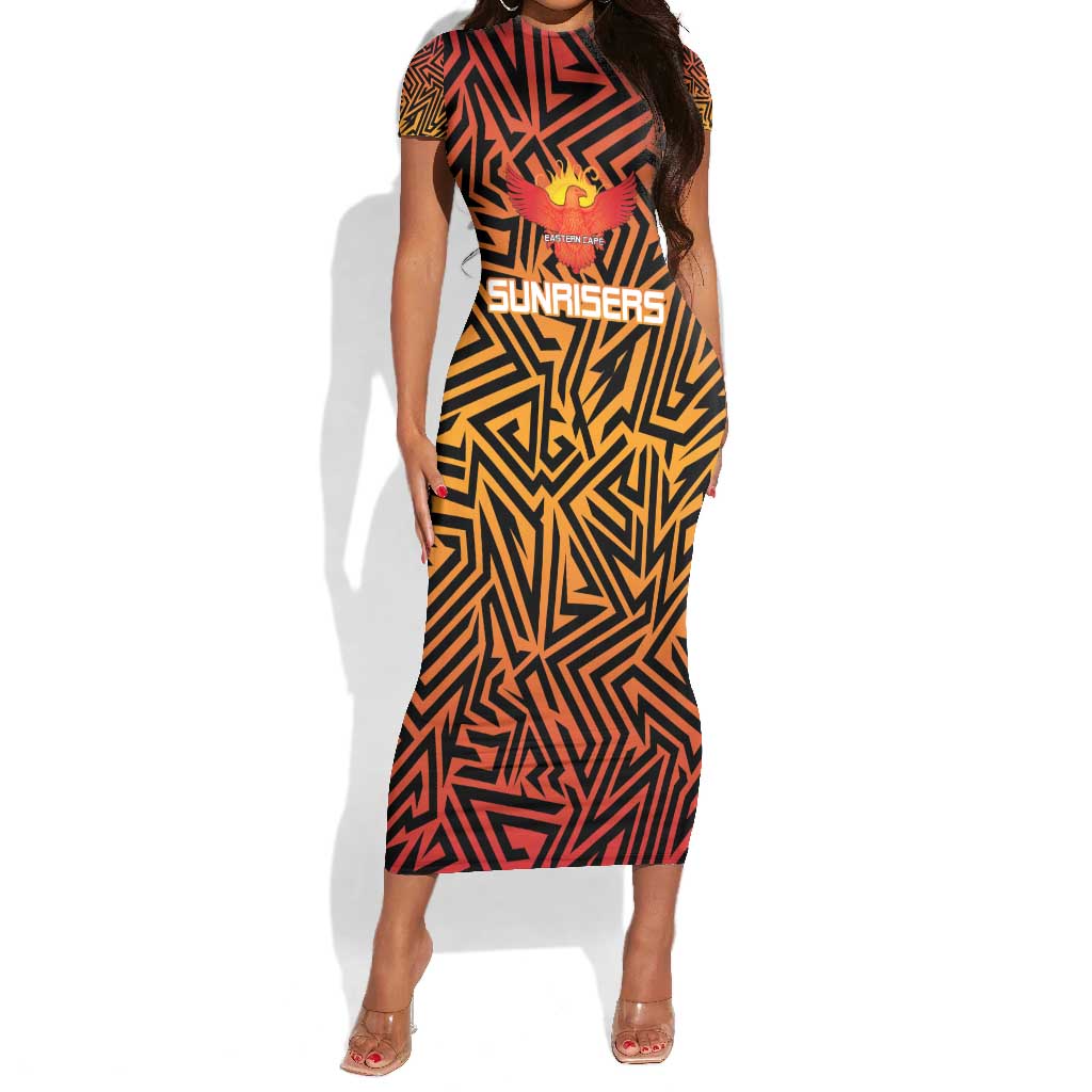 Custom Afro South Africa Cricket Short Sleeve Bodycon Dress Eastern Cape - Go Sunrisers