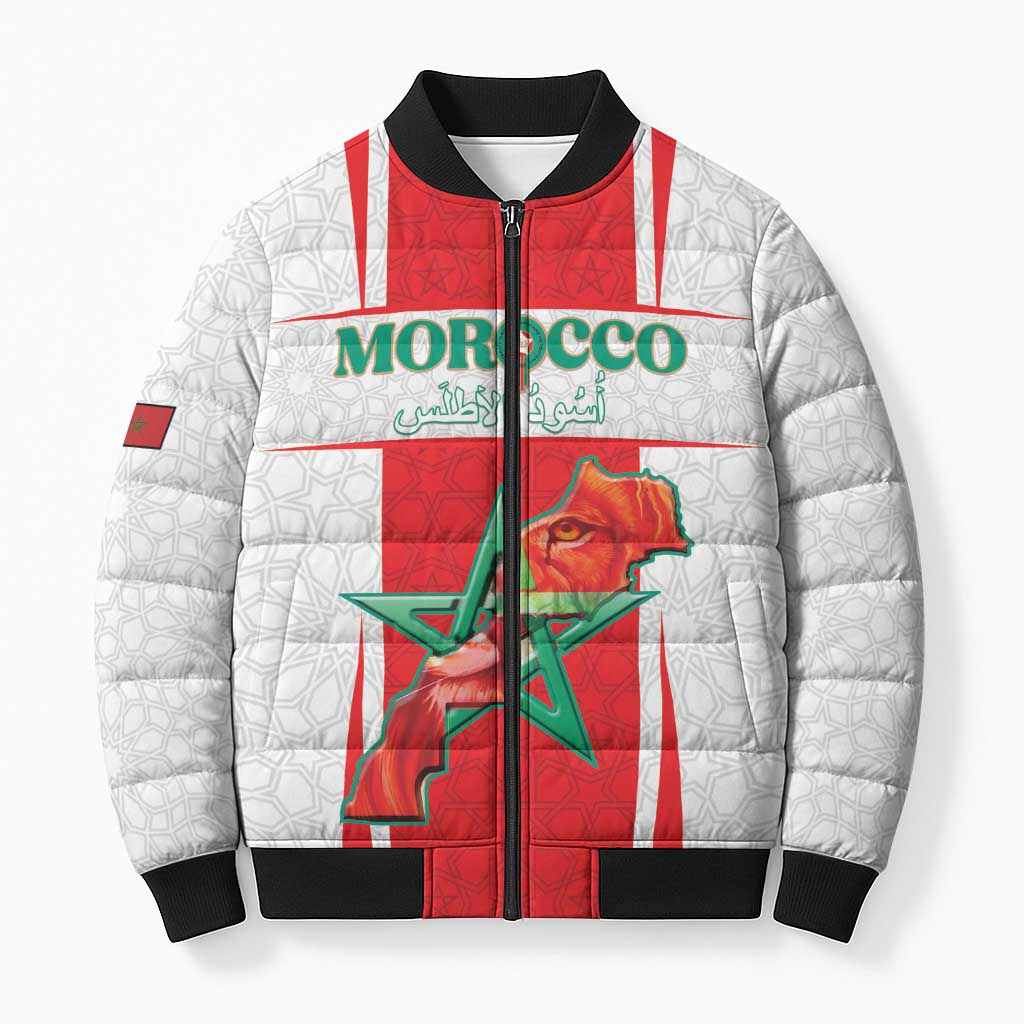 Custom Morocco Football Bomber Puffer Jacket Go Champions Atlas Lions - White