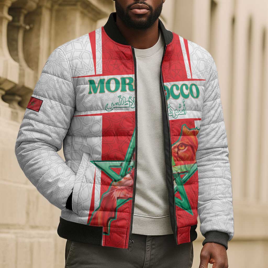Custom Morocco Football Bomber Puffer Jacket Go Champions Atlas Lions - White