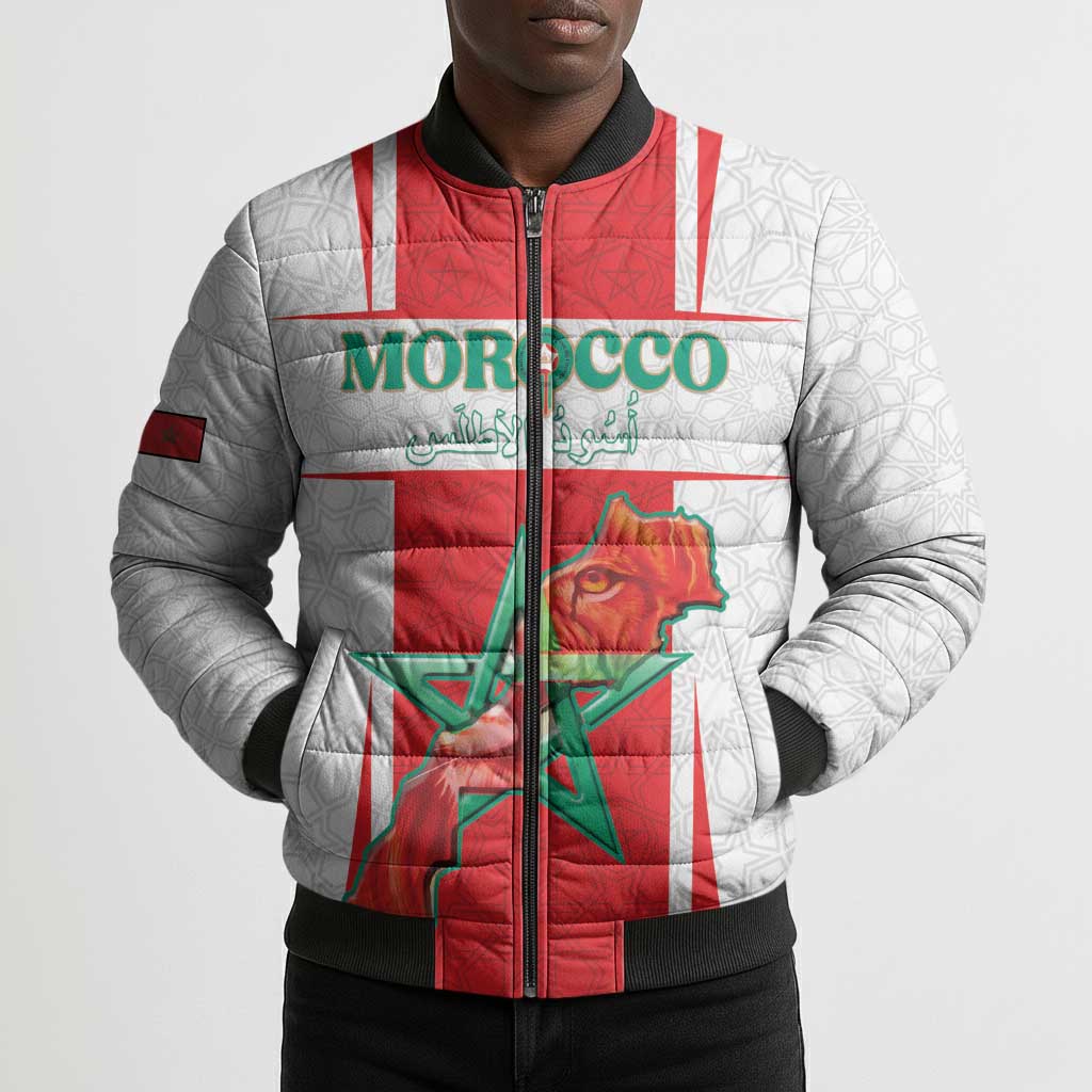 Custom Morocco Football Bomber Puffer Jacket Go Champions Atlas Lions - White