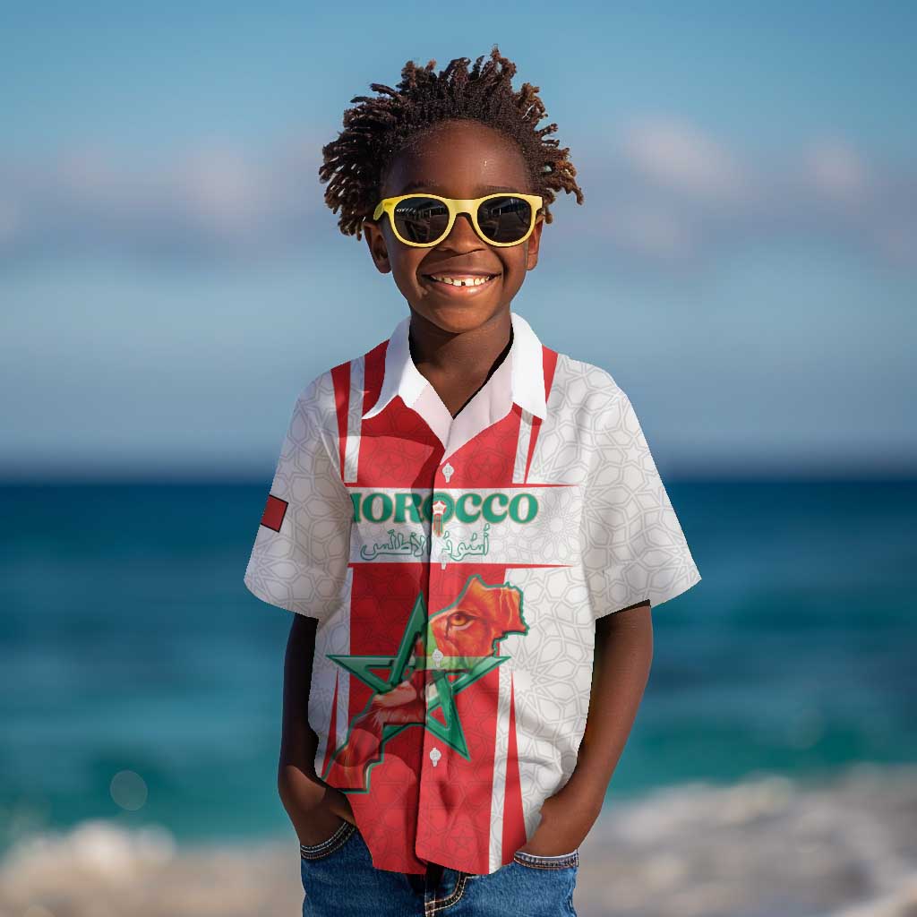 Morocco Football Custom Kid Hawaiian Shirt Atlas Lions Champions 2025 - White LT15