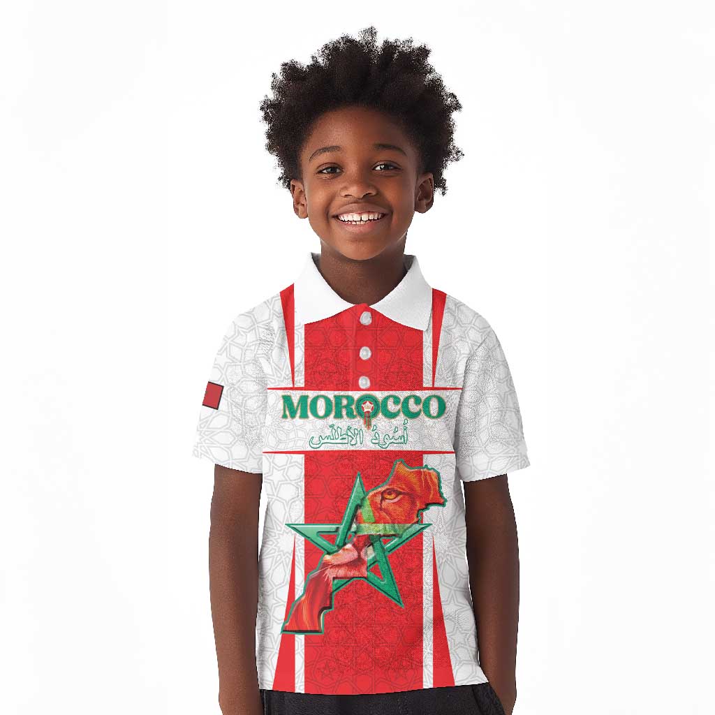 Morocco Football Custom Kid Polo Shirt Atlas Lions Champions 2025 - White LT15