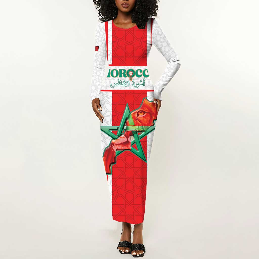 Morocco Football Custom Long Sleeve Bodycon Dress Atlas Lions Champions 2025 - White - African Pride