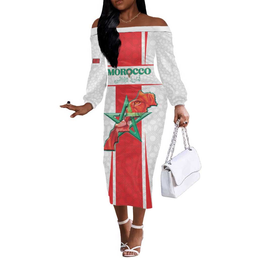 Morocco Football Custom Off The Shoulder Long Sleeve Dress Atlas Lions Champions 2025 - White - African Pride