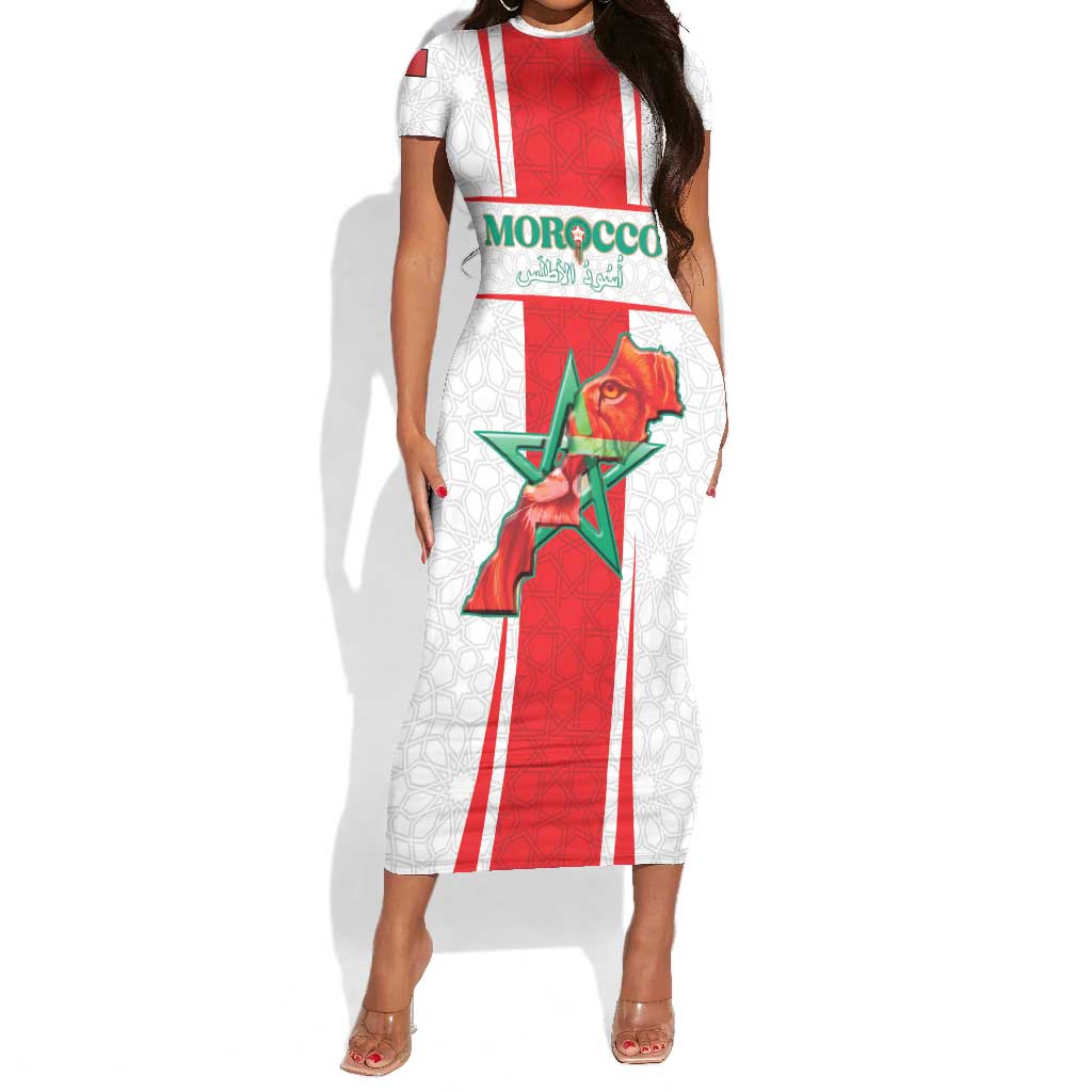 Morocco Football Custom Short Sleeve Bodycon Dress Atlas Lions Champions 2025 - White LT15
