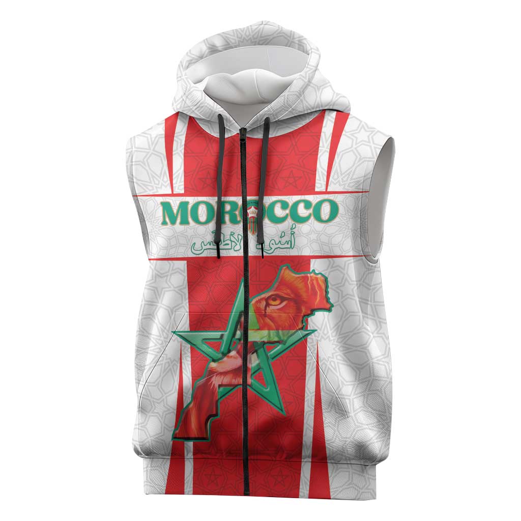 Morocco Football Custom Sleeveless Zip Hoodie Atlas Lions Champions 2025 - White - African Pride