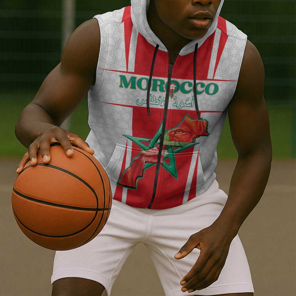 Morocco Football Custom Sleeveless Zip Hoodie Atlas Lions Champions 2025 - White - African Pride
