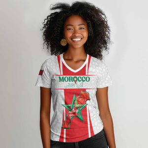 Morocco Football Custom Women V-Neck T-Shirt Atlas Lions Champions 2025 - White LT15