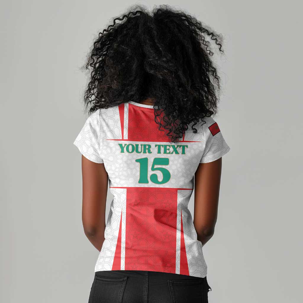 Morocco Football Custom Women V-Neck T-Shirt Atlas Lions Champions 2025 - White LT15