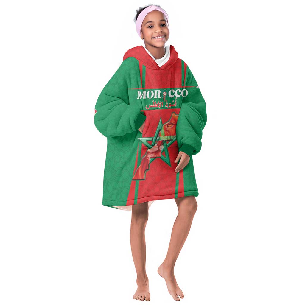 Morocco Football Custom Kid Wearable Blanket Hoodie Atlas Lions Champions 2025 - Red - African Pride