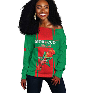 Morocco Football Custom Off Shoulder Sweater Atlas Lions Champions 2025 - Red - African Pride