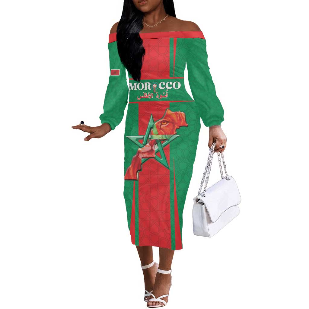 Morocco Football Custom Off The Shoulder Long Sleeve Dress Atlas Lions Champions 2025 - Red - African Pride