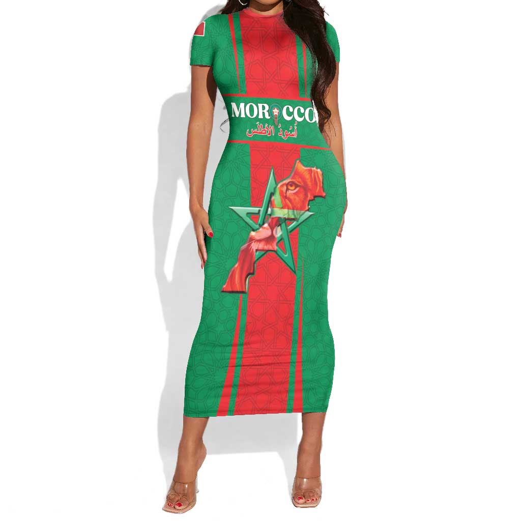 Morocco Football Custom Short Sleeve Bodycon Dress Atlas Lions Champions 2025 - Red LT15