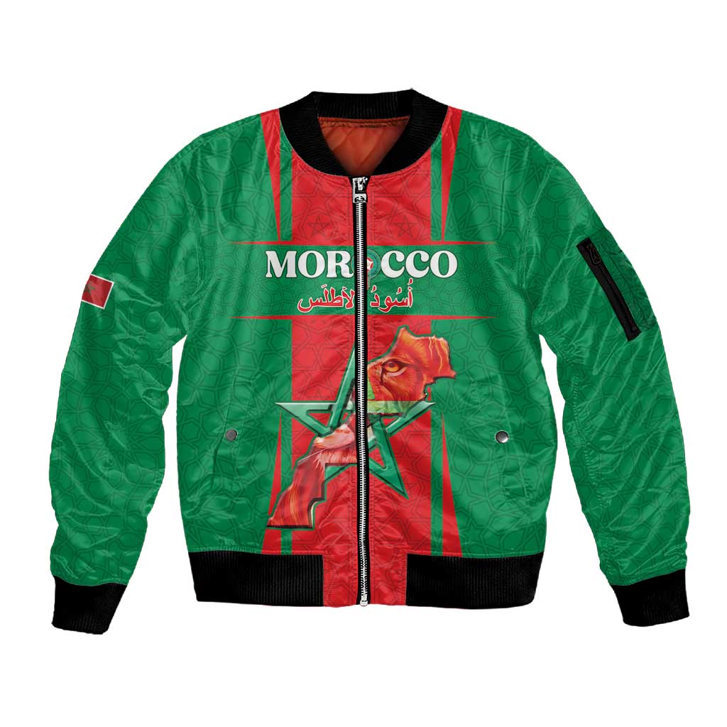 Morocco Football Custom Sleeve Zip Bomber Jacket Atlas Lions Champions 2025 - Red - African Pride