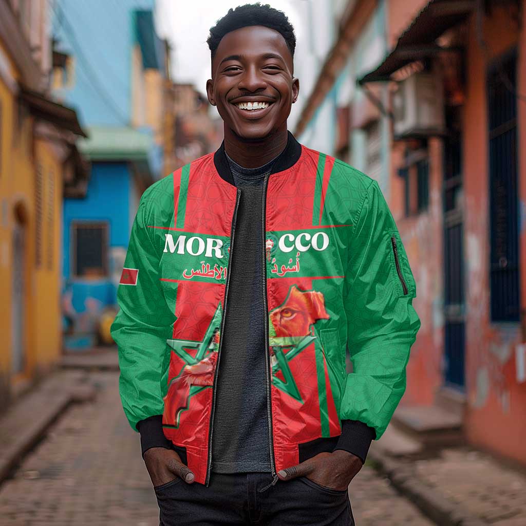 Morocco Football Custom Sleeve Zip Bomber Jacket Atlas Lions Champions 2025 - Red - African Pride