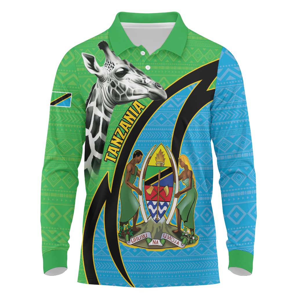 Afro Tanzania Giraffe Long Sleeve Polo Shirt Coat Of Arms Curve Style