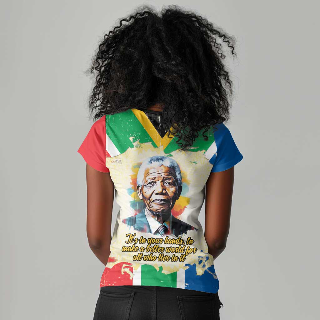 Nelson Mandela International Day 46664 Women V-Neck T-Shirt Its In Our Hands - Batik Pattern - African Pride
