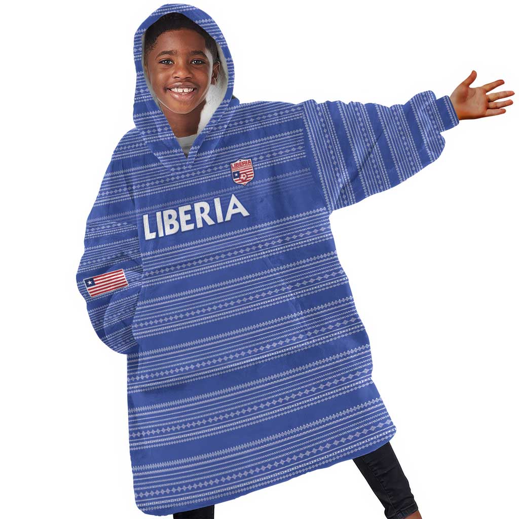 Custom Liberia Football Kid Wearable Blanket Hoodie African Tribal Pattern - Blue Jersey - African Pride