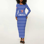 Custom Liberia Football Long Sleeve Bodycon Dress African Tribal Pattern - Blue Jersey - African Pride