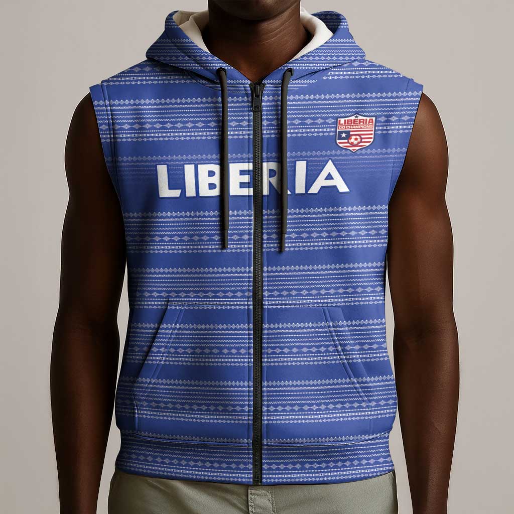Custom Liberia Football Sleeveless Zip Hoodie African Tribal Pattern - Blue Jersey - African Pride