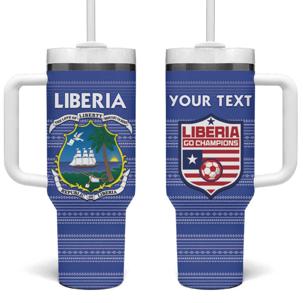 Custom Liberia Football Tumbler With Handle African Tribal Pattern - Blue Jersey - African Pride