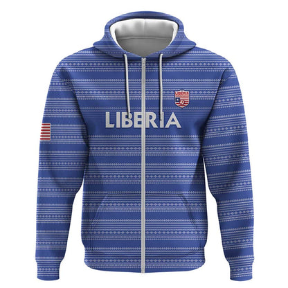Custom Liberia Football Zip Hoodie African Tribal Pattern - Blue Jersey - African Pride