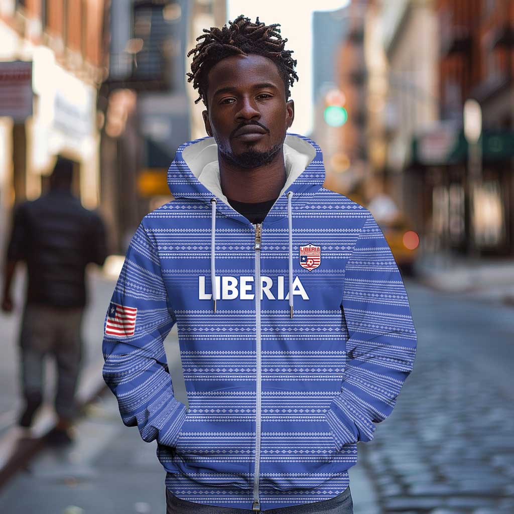 Custom Liberia Football Zip Hoodie African Tribal Pattern - Blue Jersey - African Pride