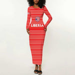 Custom Liberia Football Long Sleeve Bodycon Dress African Tribal Pattern - Red Jersey - African Pride