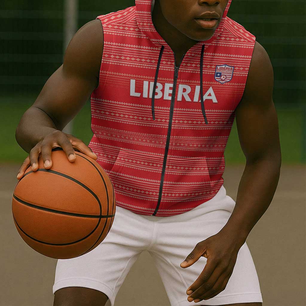 Custom Liberia Football Sleeveless Zip Hoodie African Tribal Pattern - Red Jersey - African Pride