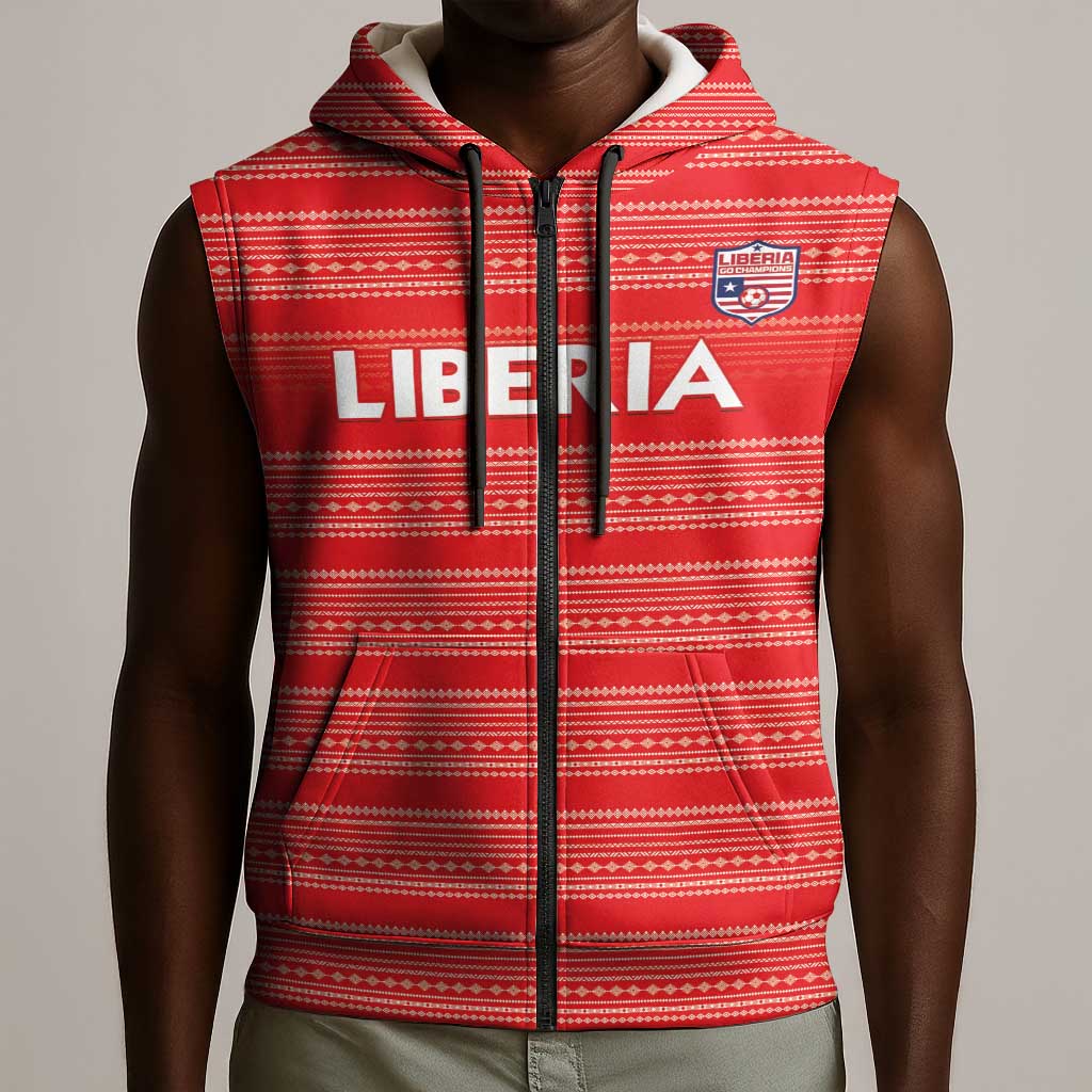 Custom Liberia Football Sleeveless Zip Hoodie African Tribal Pattern - Red Jersey - African Pride