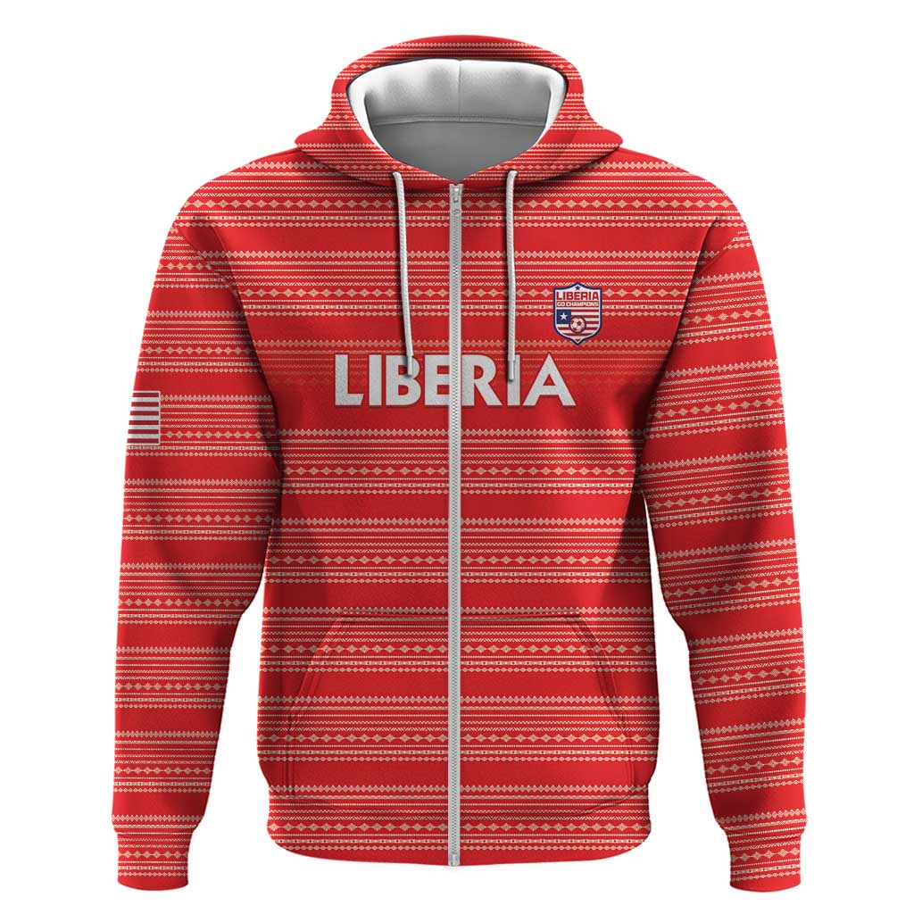 Custom Liberia Football Zip Hoodie African Tribal Pattern - Red Jersey - African Pride