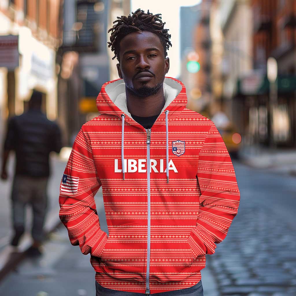 Custom Liberia Football Zip Hoodie African Tribal Pattern - Red Jersey - African Pride