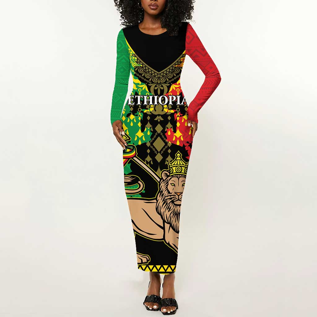 Personalised Afro Ethiopia Long Sleeve Bodycon Dress Lion Of Judah - African Pattern