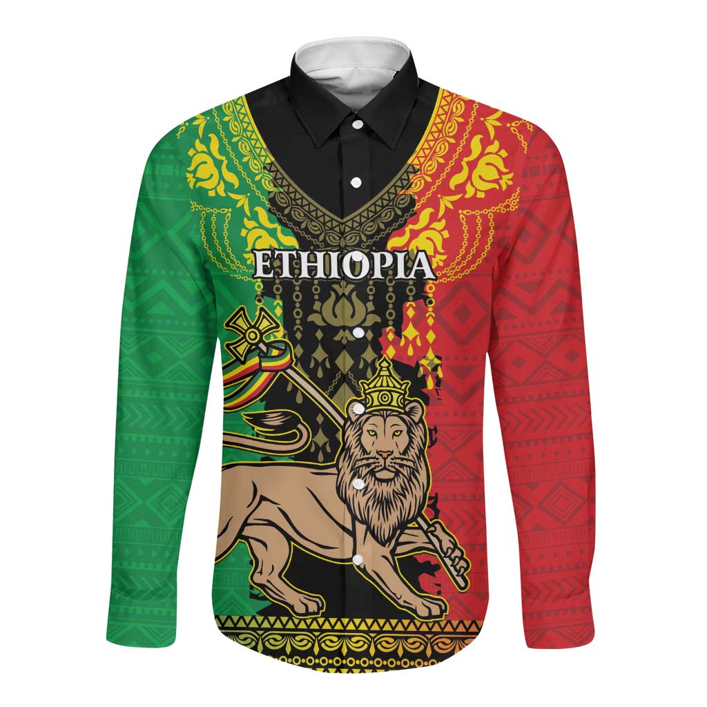 Personalised Afro Ethiopia Long Sleeve Button Shirt Lion Of Judah - African Pattern