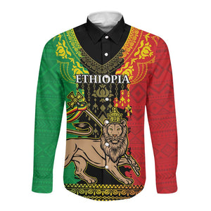 Personalised Afro Ethiopia Long Sleeve Button Shirt Lion Of Judah - African Pattern