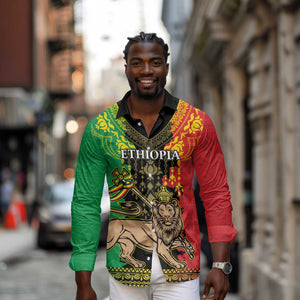 Personalised Afro Ethiopia Long Sleeve Button Shirt Lion Of Judah - African Pattern