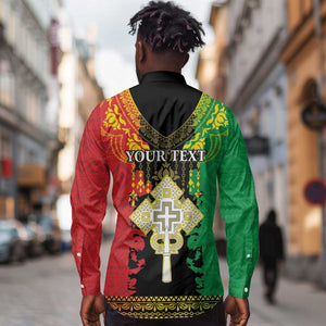 Personalised Afro Ethiopia Long Sleeve Button Shirt Lion Of Judah - African Pattern