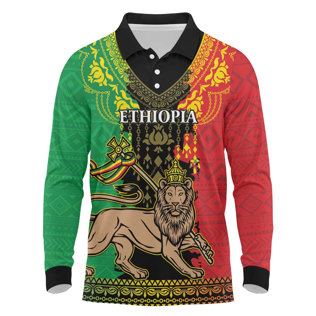 Personalised Afro Ethiopia Long Sleeve Polo Shirt Lion Of Judah - African Pattern