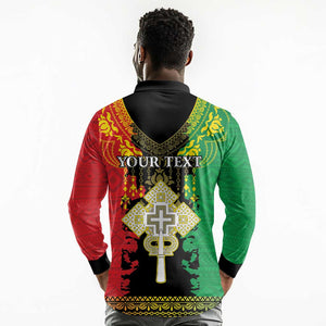 Personalised Afro Ethiopia Long Sleeve Polo Shirt Lion Of Judah - African Pattern