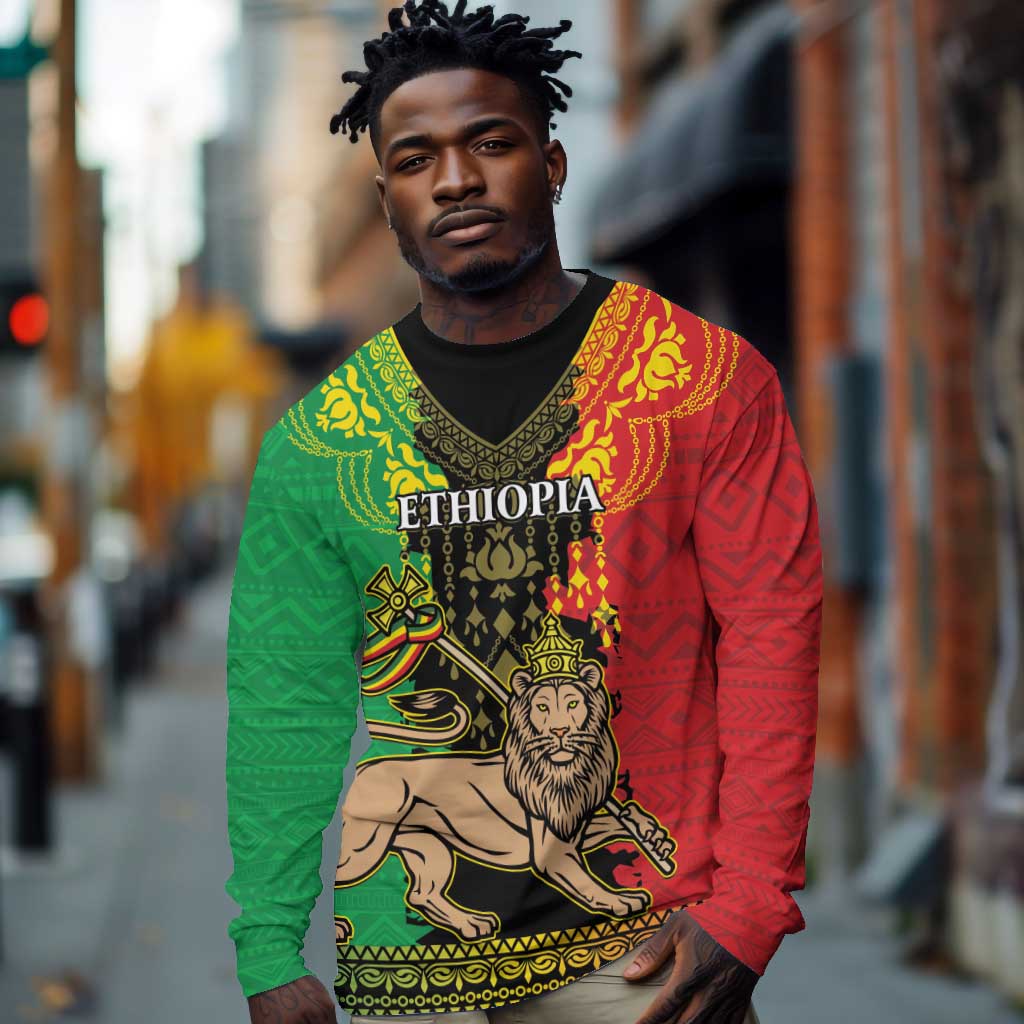 Personalised Afro Ethiopia Long Sleeve Shirt Lion Of Judah - African Pattern