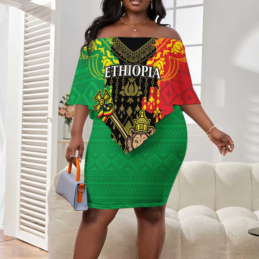 Personalised Afro Ethiopia Off Shoulder Short Dress Lion Of Judah - African Pattern